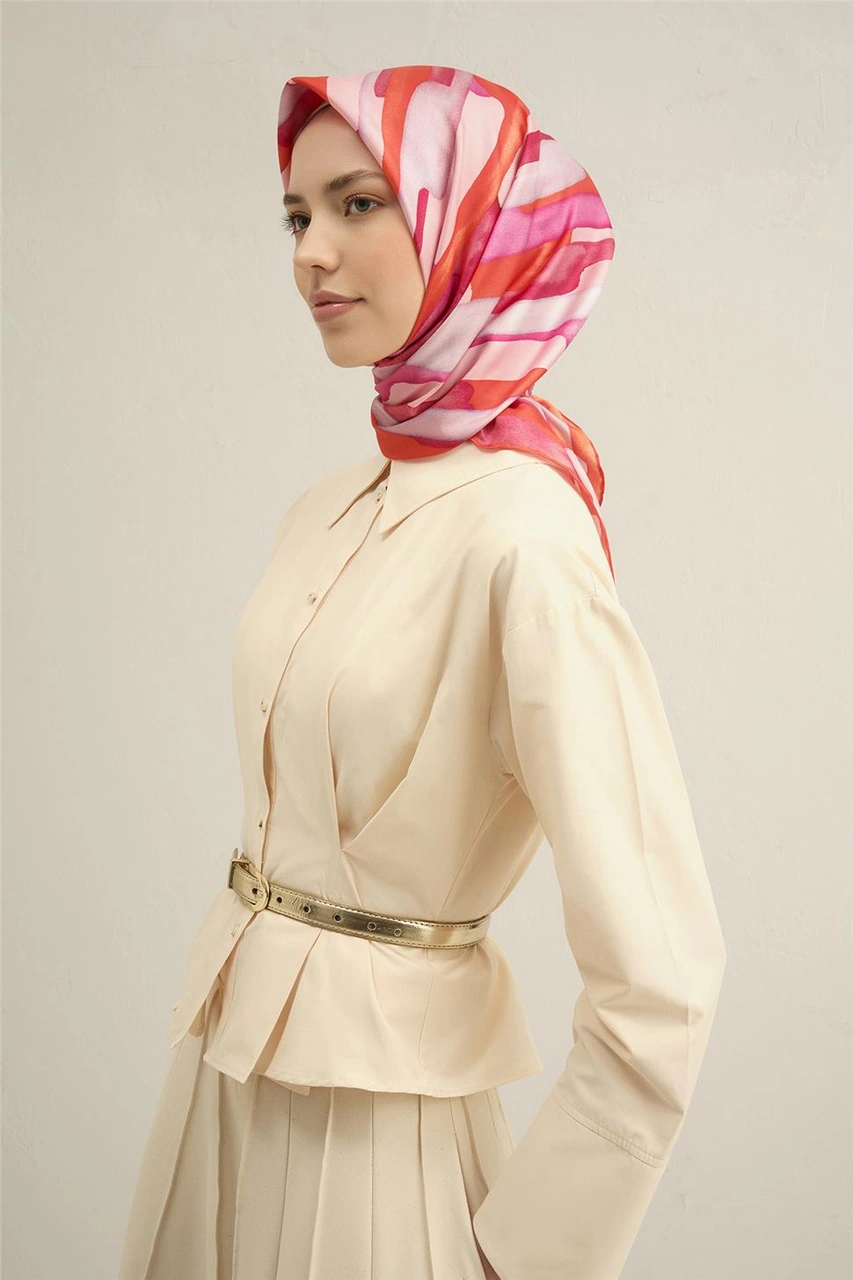 Armine Soyut Desenli Saf İpek Twill Eşarp 9306d 53 Pembe