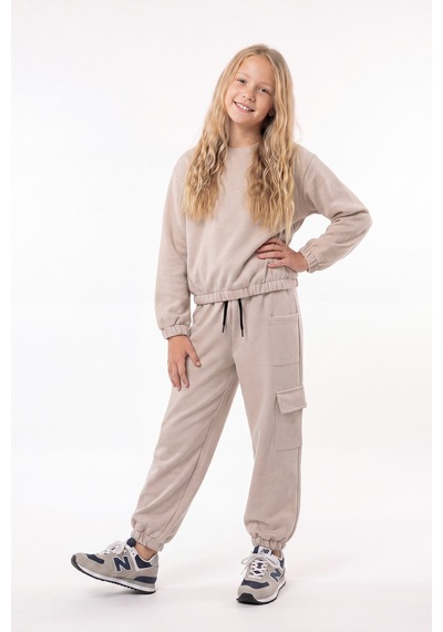 Fyk Kids 3 İplik Kız Çocuk Düz Kısa Bel Sweatshirt Bisiklet Yaka Eşofman Takımı Bej