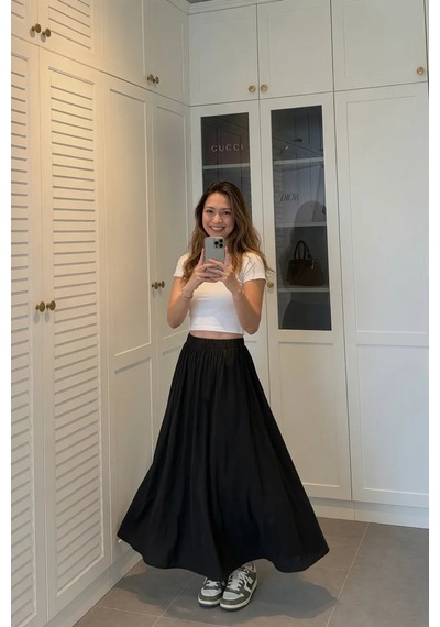 Kadın Siyah Poplin Kumaş Uzun Etek Beli Lastikli Günlük Maxi Etek 90 Cm