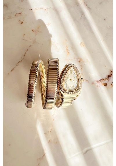 Kora Taşlı Gri Kadran Gold Kordon Yılan Model Kadın Kol Saati Altın