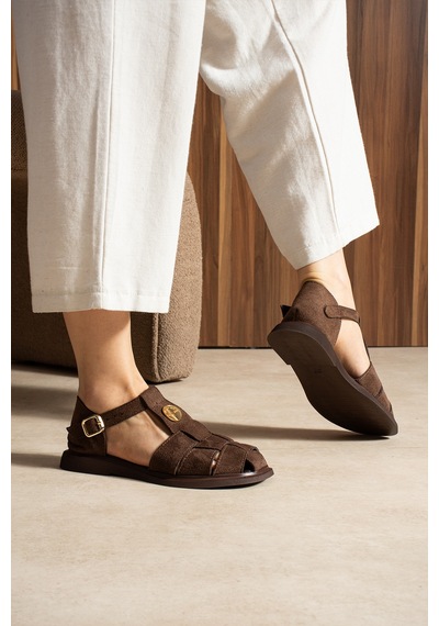 Duxal Shoes Frank Kadın Süet Kafes Sandalet - Yumuşak Tabanlı Tokalı Sandalet Acıkahve