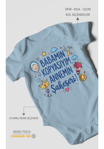 Morivokids Babamın Kopyasıyım Annemin Şaheseri Kısa Kollu Bebek Body %100 Pamuk Bebe Mavisi