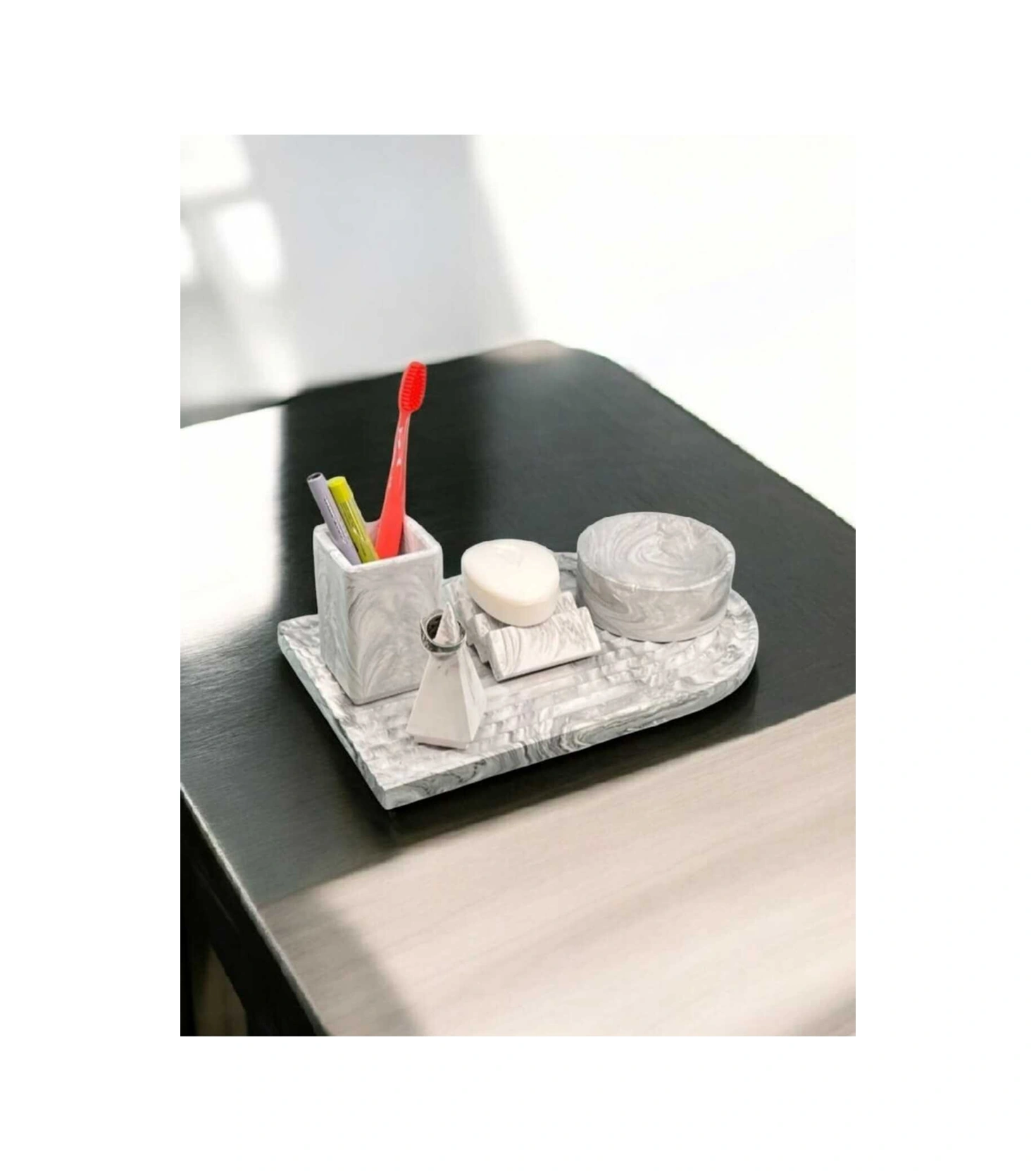 Archade Organizerli Beton Banyo Seti,banyo Seti,katı Sabunluk,diş Fırçalığı,tepsi,yüzüklük Gri
