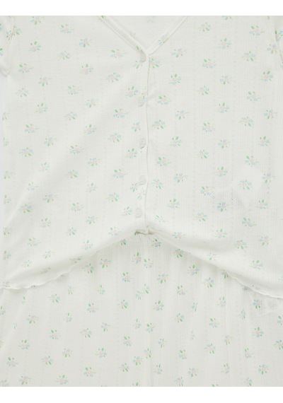 Koton Düğmeli V Yaka Kısa Kollu Desenli Şortlu Pijama Takımı Beyaz Beyaz 6slk40141mk