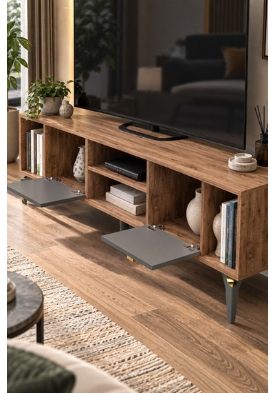 Sulorahome Kahverengi Ve Antrasit Kapaklı Tv Sehpası Altın - Antrasit - Ceviz