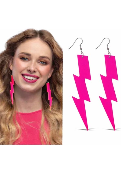 80 Ler 9039lar Retro Neon Pembe Şimşek Küpe 10 Cm "