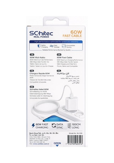 Schitec 60w Type-c To Type-c Data Ve Hızlı Şarj Kablosu Telefon, Tablet, Laptop Uyumlu Beyaz Sk006