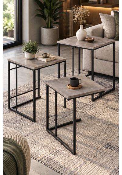 Sulorahome 3'lü Kare Zigon Sehpa Seti Gri Mermer Desenli Metal Ayaklı Açık Gri