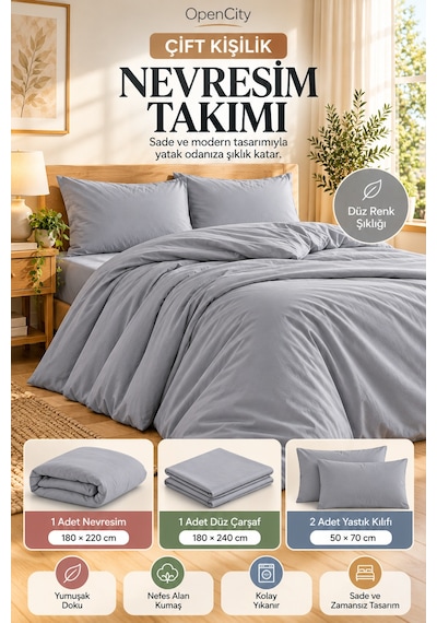 Çift Kişilik Gri Nevresim Takımı 4 Parça Düz Renk 180x220 Nevresim 180x240 Çarşaf 2 Yastık Kılıfı Ev