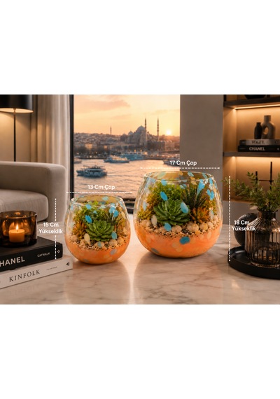 2 Li Üfleme Cam Teraryum Saksı Seti Turuncu Mavi Benekli Dekoratif Cam Kase Vazo 15x13 Cm Ve 18x17 Cm