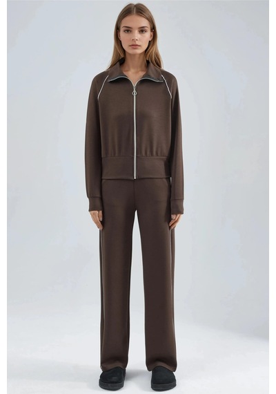 Fiolin Modal Dokulu Fermuarlı Sweatshirt & Pantolon İkili Takım Kahve Rengi