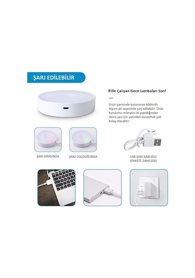 L02 2 Renkli Usb Şarjlı Mıknatıslı Hareket Sensörlü Gece Lambası, Koridor, Dolap İçi Aydınlatma Diğer