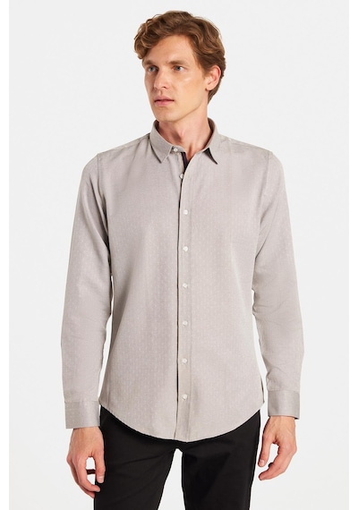 Tudors Slim Fit Uzun Kollu Oxford Doku Armürlü Biyeli Erkek Krem Gömlek-26940 Krem