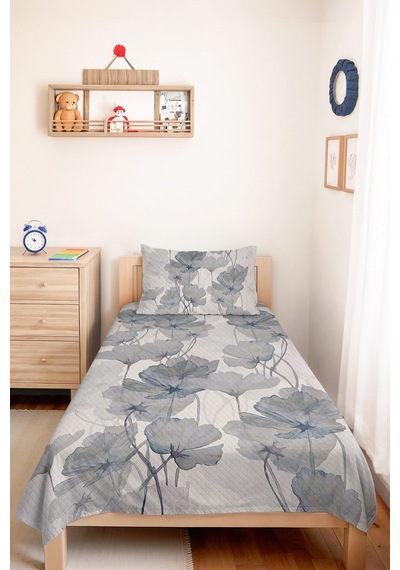 Mavi Çiçekli Modern Pike Takımı - Beyaz Gri Floral Tek Kişilik Kapitone Yatak Örtüsü 160x220 Cm Mercansı Güneş Derinliği
