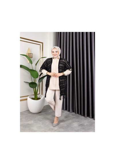 Hira Life Fashion Kadın Mevsimlik Saçaklı Ve Ajurlu Pamuk Triko Hırka Siyah Siyah