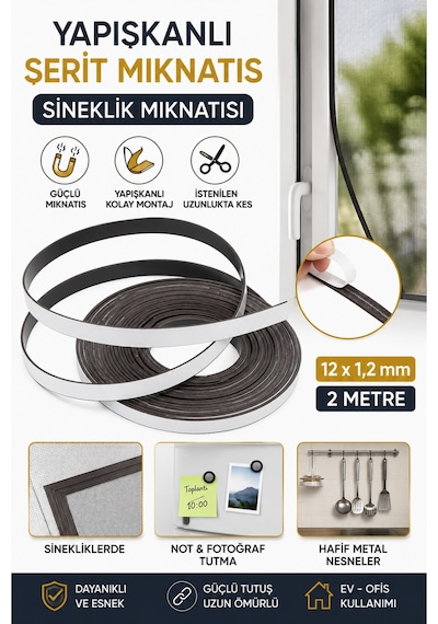 Yapışkanlı Şerit Mıknatıs Sineklik Mıknatısı 12x1,2 Mm 2 Metre Güçlü Magnet
