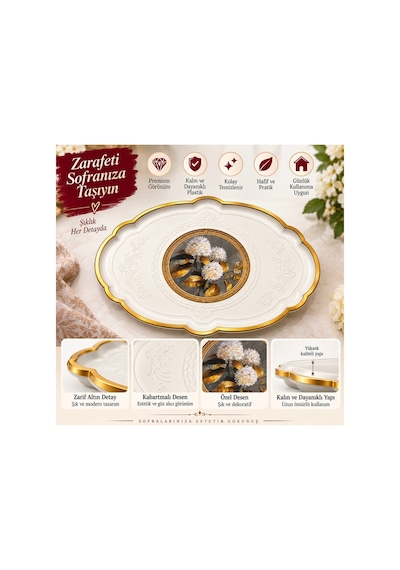 2 Li Büyük Boy Gold Dekoratif Sunum Tepsisi Seti 48x38 / 36x27,5 Cm Kalın Dayanıklı Plastik Çay Kahve Servis İkram Tepsisi 5 Farklı Model Krem