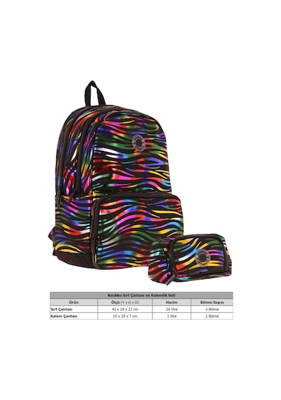 Kaukko Shine Kız Çocuk Zebra Desenli Siyah Çok Renkli İlkokul, Ortaokul Sırt Çantası Ve Kalemlik Seti Siyah