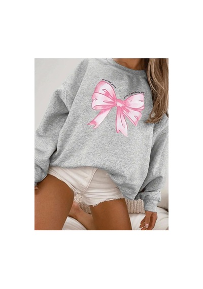 Herkesemoda Kurdele Baskılı Bisiklet Yaka İçi Polarlı Sweatshirt Gri