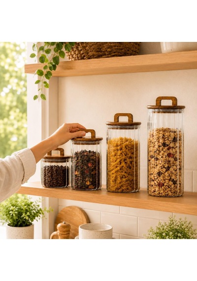 Akasya Kapaklı Line Cam Kavanoz 4 Lü Set 700 Ml 1100 Ml 1500 Ml 1850 Ml Mutfak Saklama Kabı Çok Renkli