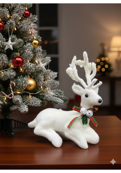 20 Cm X 20 Cm Yılbaşı Geyik Beyaz Kadife Tüylü Oturan Dekoratif Masa Ve Parti Süsleme Figürü Diğer