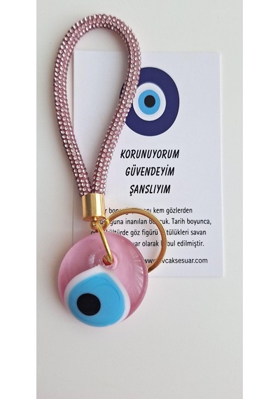 Lüks Hediyelik Orjinal Gerçek Cam Ve Zirkon Taşlı Anahtarlık - Çanta Süsü - Şeker Pembe - 12 Cm