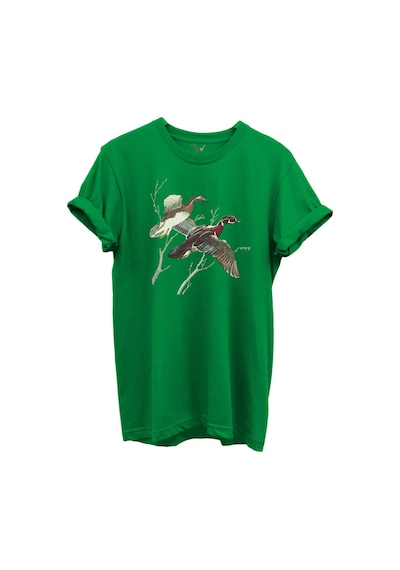 Uçan Yaban Ördekleri Çizim Baskılı %100 Pamuk Regular Fit Bisiklet Yaka Unisex T-shirt Yeşil