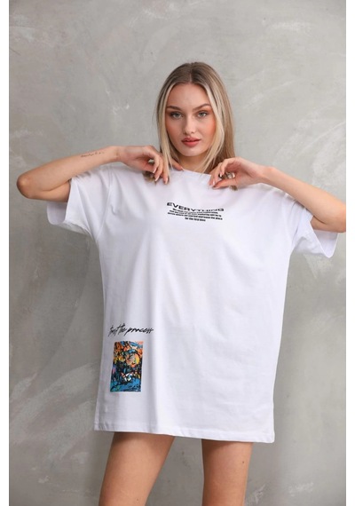 Primemagazam Kadın Bisiklet Yaka Baskılı Oversize T-shirt - Beyaz Çeşitli