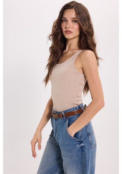 Tudors Kadın Standart Fit Normal Kesim Kolsuz Halter Yaka Bej Crop Atlet-50964
