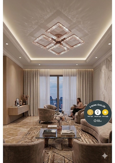 3 Renk Kristal Kare 4 Lü Gold Kumandalı Avize Salon, Yemek Masası, Mutfak, Antre Ve Çocuk Odası Aydınlatma