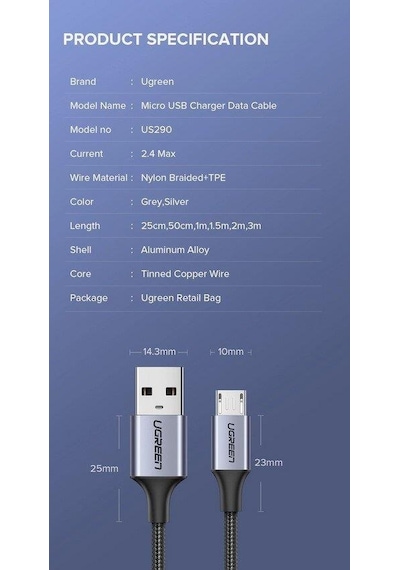 Ugreen 2.4a Usb To Mikro Usb Kablo 100cm