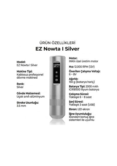 Ez Nowta I Silver 3.5mm Stroke Kablosuz Dövme Makinesi - Gri