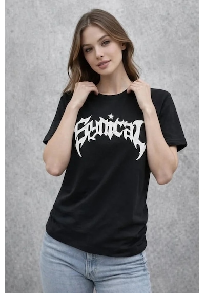 Vexor Bisiklet Yaka Ön Baskılı Kısa Kollu Tişört Streetwear Günlük Basic Pamuklu T-shirt - Siyah