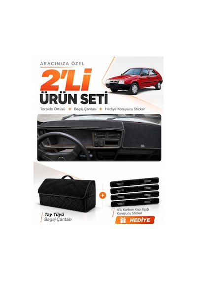 Skoda Favorit 1987-1995 Uyumlu Torpido Örtüsü + Tay Tüyü Bagaj Çantası + Sticker Seti - Siyah