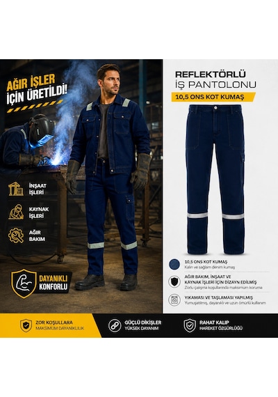 Kot Denim Reflektörlü,kaynak İşleri İçin,dayanıklı,ağır Bakım,inşaat Ve İş Pantolon Lacivert