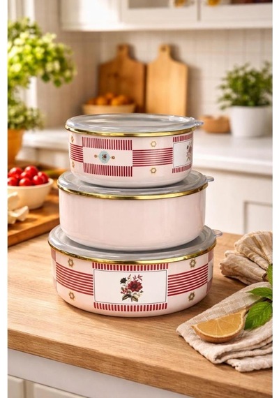 Acar Chloe Collection Emaye 3lü Saklama Kabı Xap-10351 Kırmızı