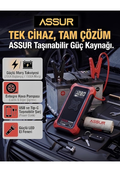 Assur Asr8107 16000mah 4ü1 Arada Akü Takviye Cihazı, Hava Kompresörü, Powerbank Ve Led Fener