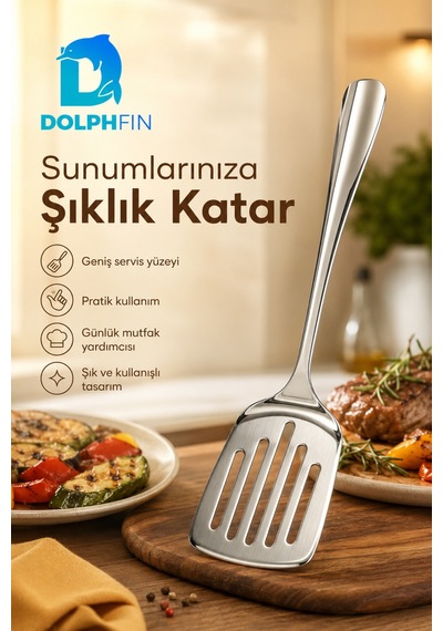 26 Cm Paslanmaz Çelik Delikli Servis Spatulası Uzun Saplı Geniş Yüzeyli Gümüş
