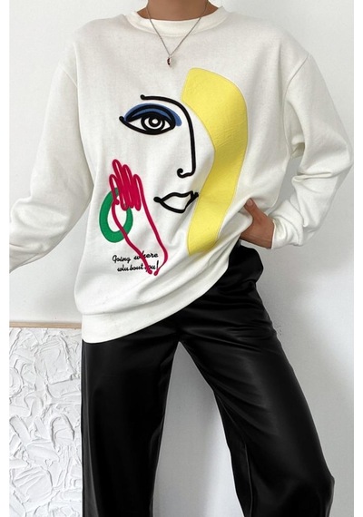 Femelle Ekru Kalın Içi Polarlı Nakış Işlemeli Kabartmalı Oversize Sweatshirt