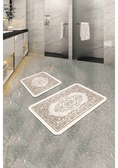 Bej Modern Klasik Banyo Halısı Klozet 2'li Paspas Seti Bs277n11