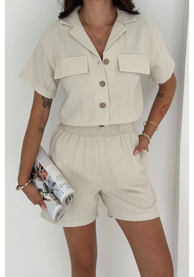 Asprin Fashion Beli Lastikli Şort Gömlek Takım Bej