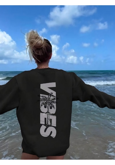 Unisex Oversize Vibes Baskılı Bisiklet Yaka Siyah Sweatshirt Siyah