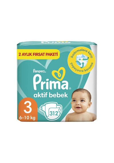 Prima Aktif Bebek 3 Beden Midi Bebek Bezi Aylık Fırsat Paketi 312 Adet 2'li