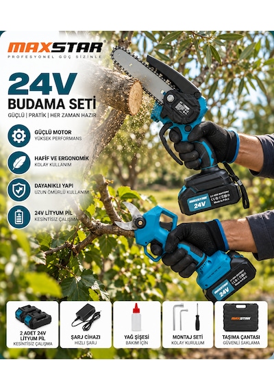 Maxstar 24v Akülü Budama Testeresi Ve Budama Makası 2'li Set 2 Akülü, Şarjlı Bahçe Budama Seti