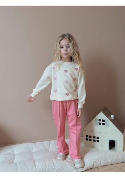 Miniko Kids Kız Çocuk Kalp Modelli Geniş Paça Pamuk Takım Pembe