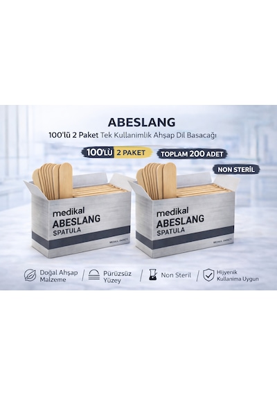 Abeslang 100'lü 2 Paket Tek Kullanımlık Ahşap Dil Basacağı Non Steril Medikal Spatula Toplam 200 Adet