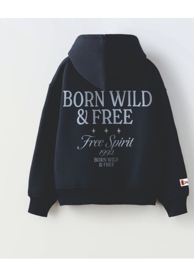 Unisex Koyu Mavi Renk Slogan Yazılı 3 İplik Şardonlu Kapüşonlu Sweatshirt Gri - Siyah