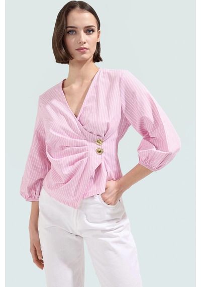Ersefa Yazlık Kısa Kol Çizgili Terrycotton Bluz V Yaka Casual Modern Sti Pembe
