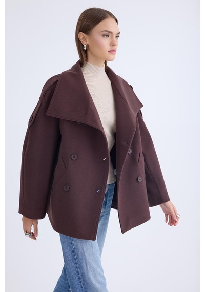Vitrin Apolet Detaylı Kısa Kaşe Kaban Kahve