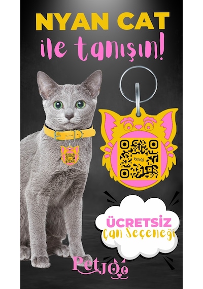 Petjoo 2.Nyan Cat Pembe-Sarı Qr'lı Kedi Künyesi